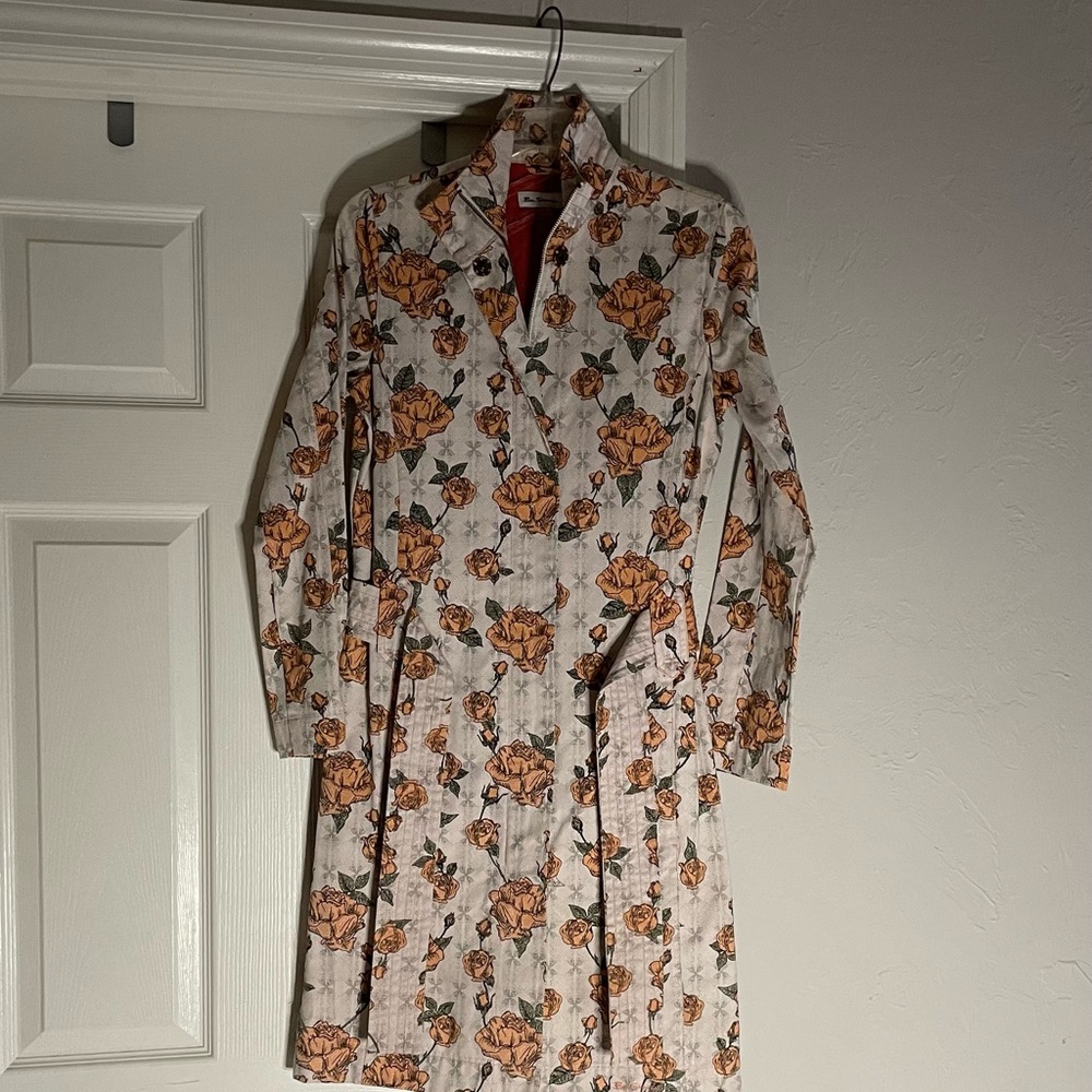 Floral trench coat peach and greens